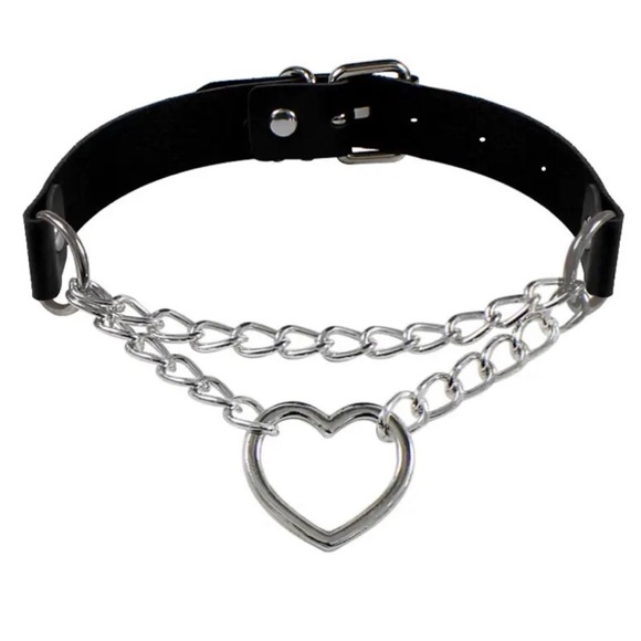 Heart choker necklace adjustable black leather buckle strap . - Picture 1 of 12